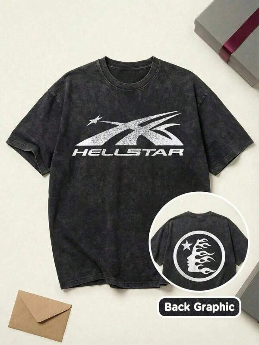T Shirt Print ,Graphic-Cotton Tees Size Plus, Cartoon Round Neck Short Sleeve, 2026 Summer TopsShooting Star Logo Graphic Tee Unisex Couple Matching Boyfriend Style Hell Star Y2K Streetwear Aesthetic Acid Washed Cotton Graphic Tees Men Oversized T Shirt Summer Fits Camisetas Para HombreLoose And Comfortableshirt ,Y2K,Oversized Shirt Men,With Shirt,Summer Tops,Shirt Suitable - 黑色 - 查看 1