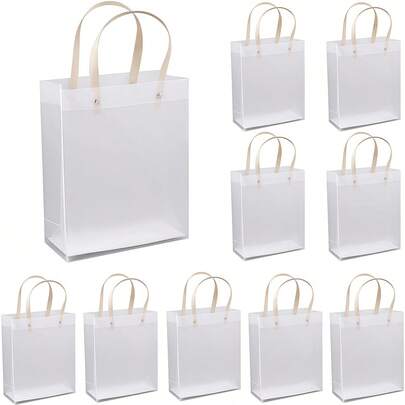 10Pcs Pieces Of Flower Gift Bags, Transparent Flower Bundle Bags With Handles, Transparent Flower Shop Gift Bags, Transparent Tote Bags, Party Gift Bags, Plastic Reusable Gift Packaging Bags, Wedding Brides' Birthdays
