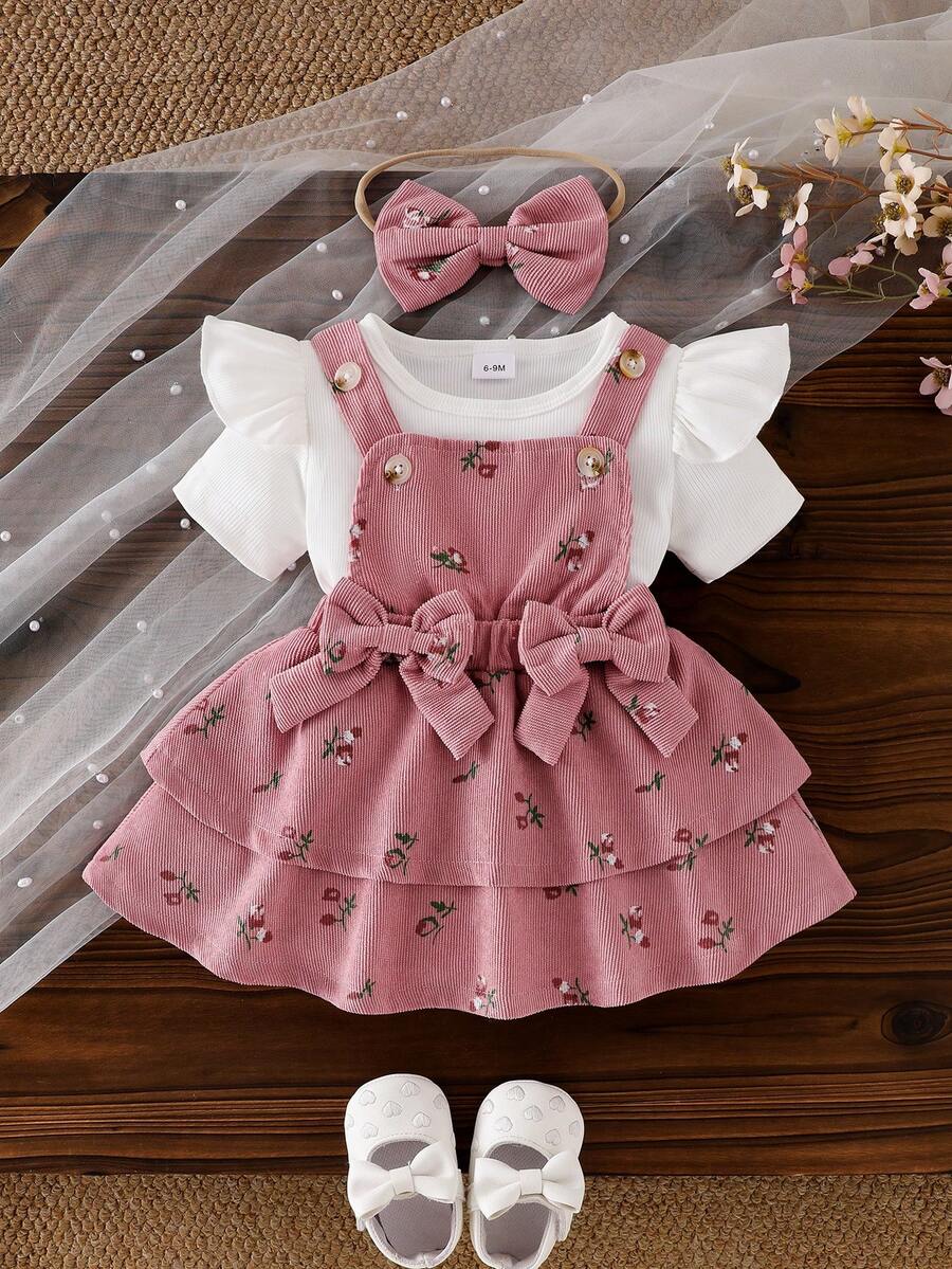 Conjunto de 3 piezas para bebé niña: Top de manga de vuelo de unicolor y falda de volantes escalonados con diadema con moño - Rosa - Ver 1