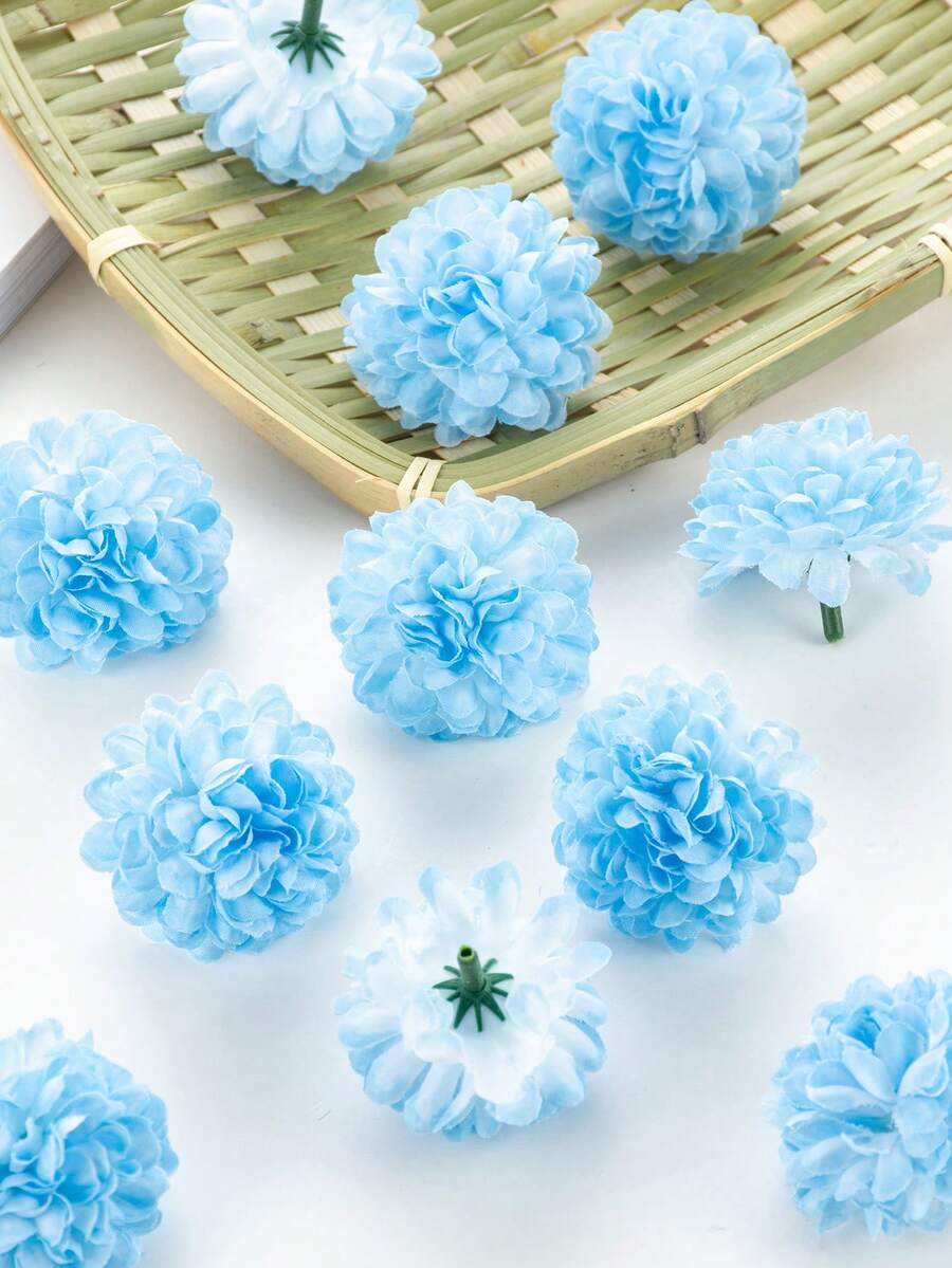 10个/套人造绣球花头,乒乓球菊花,DIY婚礼回礼盒装饰,花环材料,家居礼品,新娘伴娘腕花用品 - 天藍色 - 查看 1