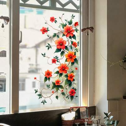 Película de vinilo con estampado floral rojo para ventanas, sin residuos y reutilizable, adhesivo de vidrio esmerilado para privacidad en decoración del hogar de alquiler
