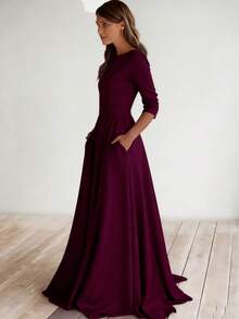 Vestido elegante plisado de punto de unicolor para invitados de boda, primavera - Morado - Ver 2