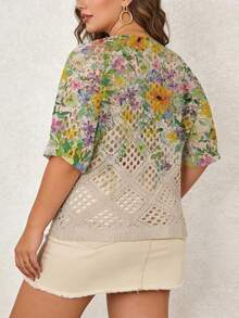 ASHKATIA Cubrecuerpo de punto para mujer talla grande, estilo bohemio, cubrecuerpo de playa de verano, manga 3/4, estampado floral retro para vacaciones de primavera - Multicolor - Ver 2