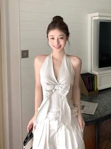 Áo nữ cổ yếm kẻ sọc, kiểu dáng thường ngày, đa năng, màu trắng. - trắng - Xem 4