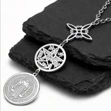 Collar con colgante de cuadragrama de bruja con dije de San Benito, amuleto triple, cadena de acero inoxidable de 45 cm, regalo de joyería espiritual - Plateado - Ver 6