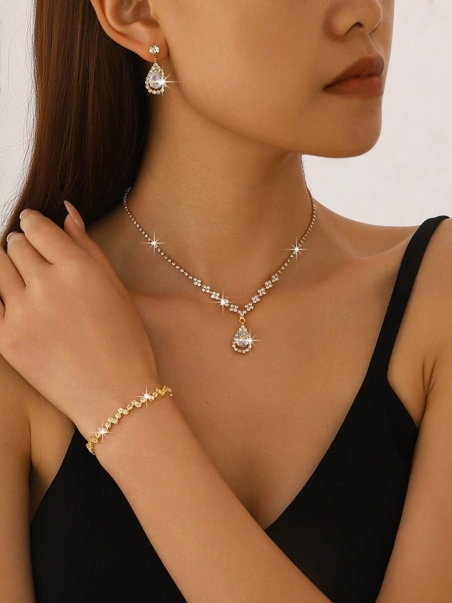 Bộ trang sức cưới - Dây chuyền, bông tai, vòng tay thanh lịch, đính đá pha lê và đá quý hình giọt nước, phù hợp cho phụ nữ đeo hàng ngày, đám cưới, tiệc tùng và các dịp khác. - Vàng - Xem 1