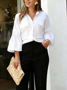 Camisa de mujer de unicolor, elegante y casual con mangas de campana - Nueva colección de primavera/otoño - Blanco - Ver 8