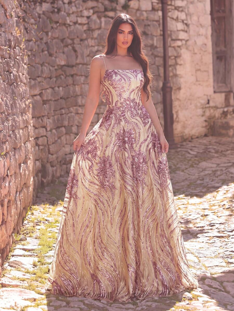 Faeriesty Elegant Women's Long Sequin Evening Dress, Spaghetti Strap Design, Flared Hem, Sleeveless Formal Gown, Backless With Tie Party Wedding - 藕粉色 - 查看 1