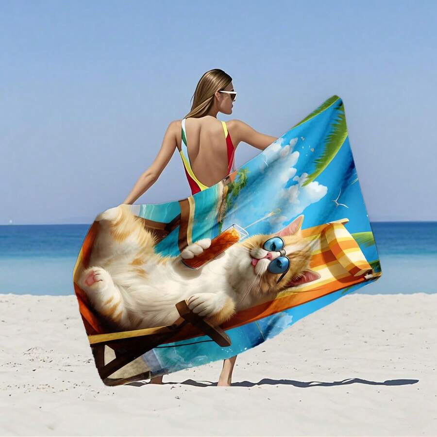Cool Cat Sitting On Beach Chair Wearing Sunglasses Drinking Beverage Print Beach Towel, Quick Dry Absorbent Microfiber Beach Towel For Summer Vacation, Soft, Sand-Free, Suitable For Beach, Swimming, Bathroom, Travel, Lightweight, Fade-Resistant, Fast Drying, With Tropical Palm Tree Pattern, Unisex