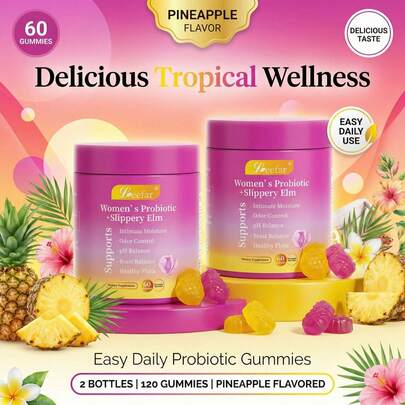 Gomitas probióticas para mujeres de LEEFAR con olmo resbaladizo - Sabor a piña tropical para el equilibrio del pH, la salud digestiva e inmunológica - 60 gomitas por paquete