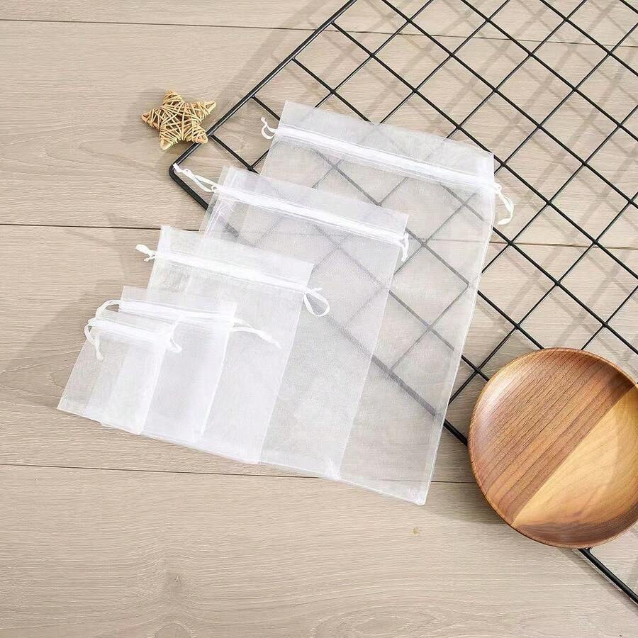 5/10/20/50/100 chiếc Túi vải organza nhiều màu, Túi đựng quà, Túi quà tặng, Đồ dùng gia đình, Túi đựng đồ bằng nylon, Đồ dùng tiệc tùng ngày lễ, Đồ dùng đám cưới, Bao bì trang trí quà tặng, Túi đựng đồ làm bánh, Bao bì phụ kiện trang sức, Túi dây rút quà tặng, Túi đựng trang sức quà tặng sinh nhật - Trắng - Xem 1