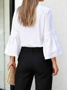 Camisa de mujer de unicolor, elegante y casual con mangas de campana - Nueva colección de primavera/otoño - Blanco - Ver 6