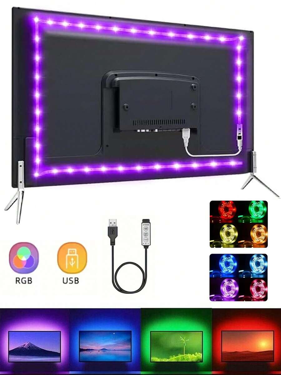 Tira de luz de fondo RGB alimentada por USB, iluminación ambiental de color cambiante para TV, monitor de computadora, teatro en casa, habitación, sala de estar y decoración de gabinete