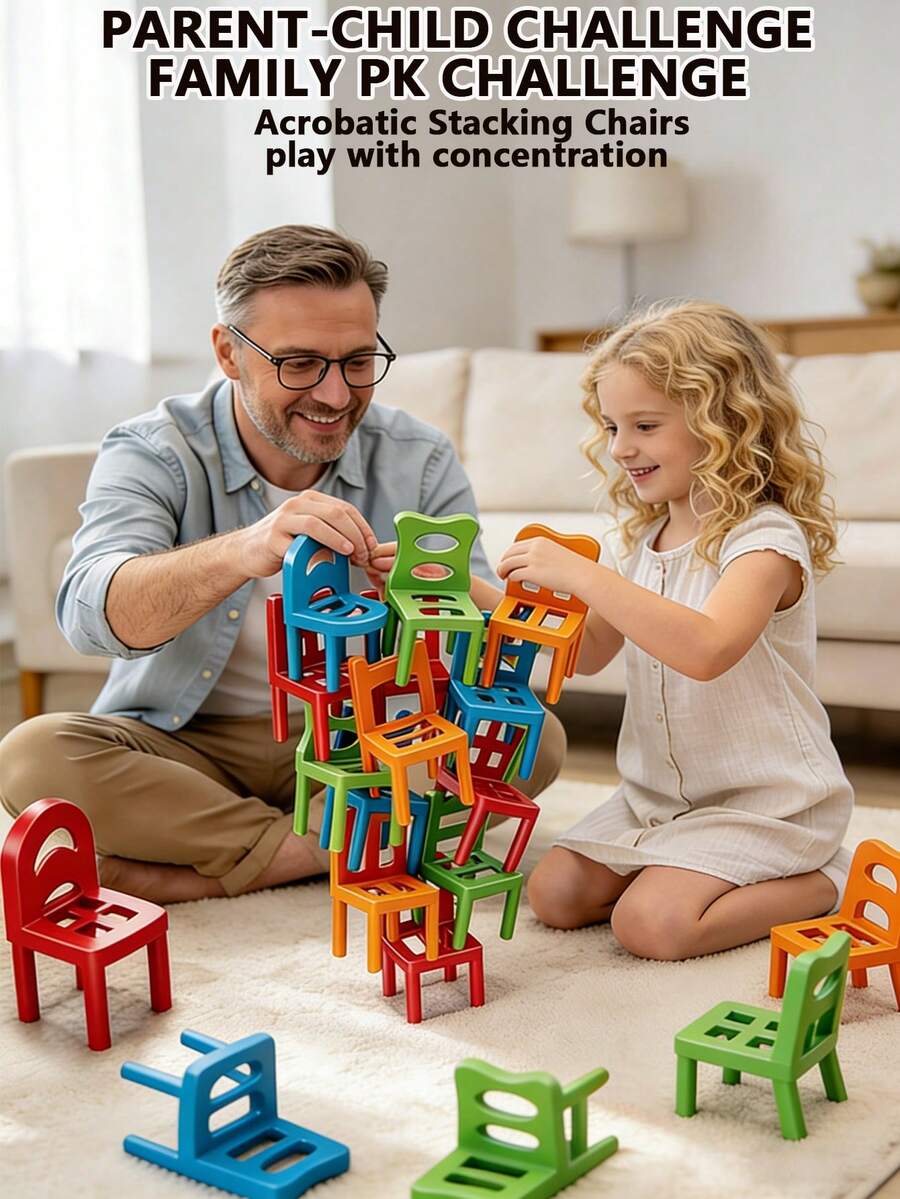 24pcs Random Color Stackable Building Block Chairs Toy, Multi-Person Interactive Tabletop Creative Educational Leisure Board Game, Children's Thinking Training Toy, Children's Game, Stacking Toy, Multiple Play Modes, Stress Relief Toy, Children's Party Gift