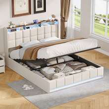 Letto ZSSWSS con contenitore 140/160 x 200 cm con contenitore idraulico, letto matrimoniale imbottito, rete a doghe, struttura letto, copriletto, beige/grigio - Beige - Visualizzare 2