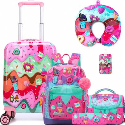 5pcs/Set Girls' Travel Luggage Set, Suitable For 8-10 Years Old, Includes Cute Backpack, Crossbody Bag, Children's Backpack Set, Travel Backpack, Suitable For Elementary School Students, Can Hold School Supplies (Neck Pillow And Handle Randomly Shipped)