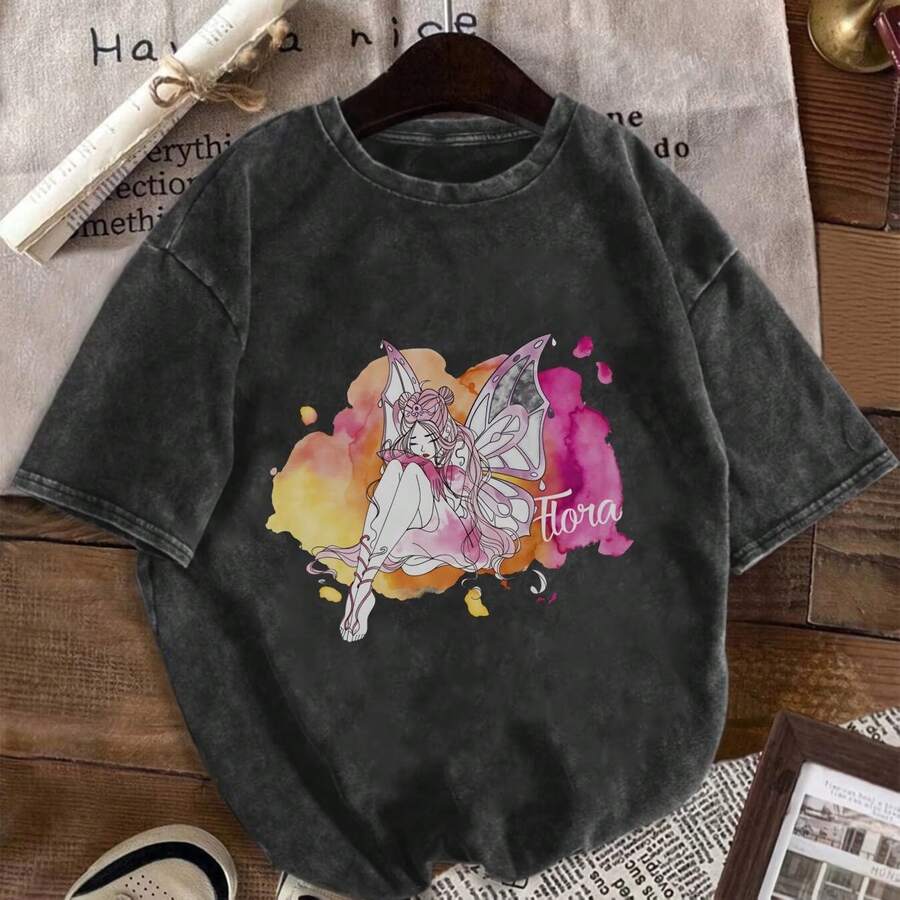 Shine Bright Flora Unisex T-Shirt, Vintage Fashion, Comfortable And Casual, Vintage Washed St - 黑色 - 查看 1