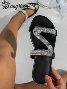 Diapositivas con detalles de rhinestone de moda 2026 de LangMoon, diseño de lujo, versátil talla grande, cómodo para primavera/verano casual, calle, vacaciones, con características de sandalias planas de cuero de alta calidad modernas y cómodas, unicolor versátil y elegante, adecuado para uso casual diario, vacaciones, viajes, fiestas y otras ocasiones, adecuado para la temporada de bodas y otras festividades - Plateado - Ver 5