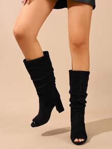 Black Pleated Peep Toe Mid-Calf Boots, High Heels, Round Toe, Versatile Elegant European And American Style, Breathable For Office, Commute, Daily Wear, Spring/Summer - Black - View 3