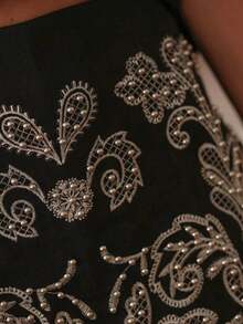 Women's Fashion Embroidered Beaded Floral Print Bohemian Elegant Zipper Skirt Black Summer - 黑色 - 查看 5