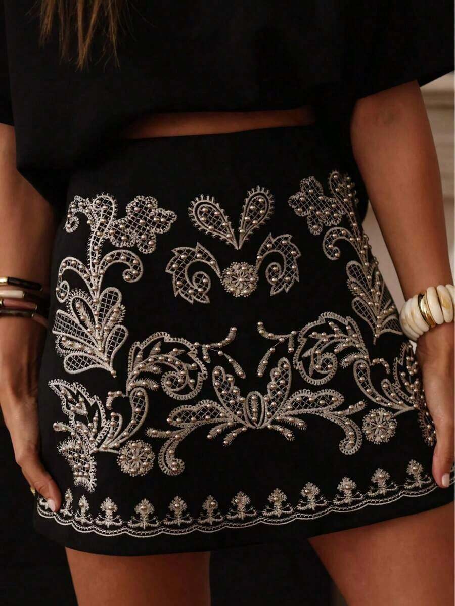 Women's Fashion Embroidered Beaded Floral Print Bohemian Elegant Zipper Skirt Black Summer - 黑色 - 查看 1