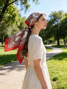 1pc 90CM Paisley Printed Ladies Bandana Simulated Silk Headband Women Bandana Top,Large Size Square Scarf,Hair Band,Head Band Ideal For Dressing Up Your Look - màu đen - Xem 8