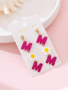 1 Pair "MOM" Letter Design Shiny Earrings For Women, Suitable For Mother's Day, Parties And Gifts - Hot Pink - View 3