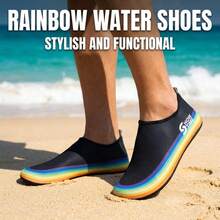 Nuevos zapatos de vadeo para parejas con suela negra de alta elasticidad, transpirables y cómodos, con ribete arcoíris, de secado rápido, amigables con la piel, antideslizantes y resistentes al desgaste, tipo slip-on, zapatos para mujer para rastreo de ríos, adecuados para yoga en casa, fitness, aeróbic, deportes al aire libre, ocio en la playa y versátiles zapatos de yoga. - Negro - Ver 1