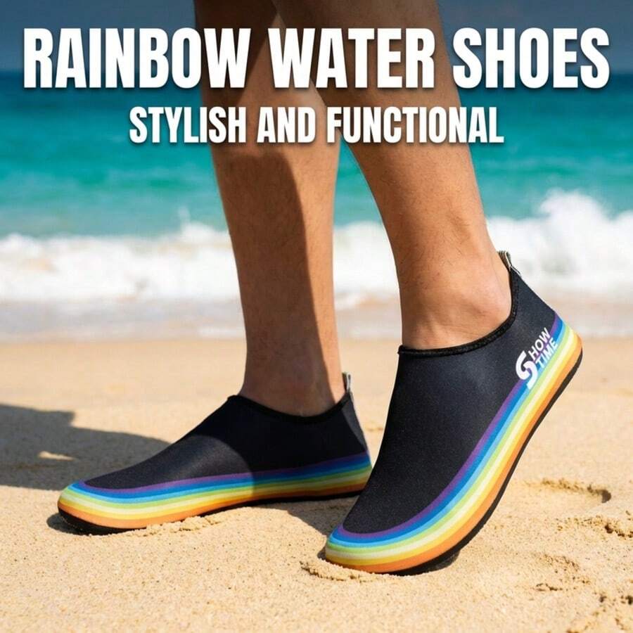 Nuevos zapatos de vadeo para parejas con suela negra de alta elasticidad, transpirables y cómodos, con ribete arcoíris, de secado rápido, amigables con la piel, antideslizantes y resistentes al desgaste, tipo slip-on, zapatos para mujer para rastreo de ríos, adecuados para yoga en casa, fitness, aeróbic, deportes al aire libre, ocio en la playa y versátiles zapatos de yoga. - Negro - Ver 1