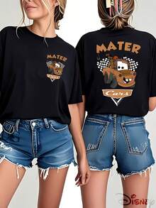 Disney Official Licensed, Disney Cars, Tow Mater, Double-Sided Print, 100% Cotton, Crew Neck T-Shirt, Retro Racing Style, Casual Wear, Spring & Summer Top, Disney Merch, Fan Collectible - 黑色 - 查看 1
