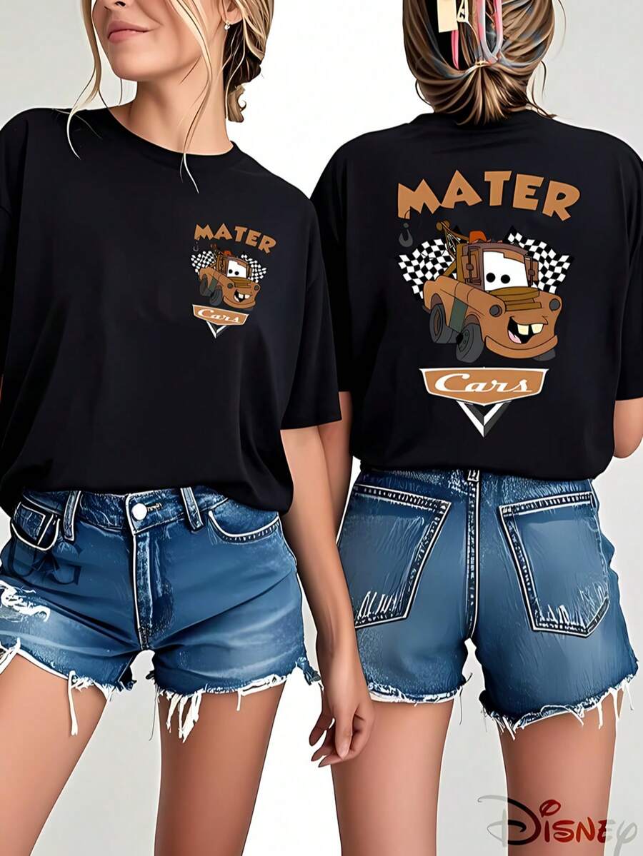 Disney Official Licensed, Disney Cars, Tow Mater, Double-Sided Print, 100% Cotton, Crew Neck T-Shirt, Retro Racing Style, Casual Wear, Spring & Summer Top, Disney Merch, Fan Collectible - 黑色 - 查看 1