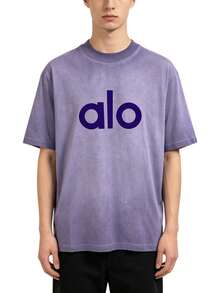 Alo Yoga Distressed Washed Purple T-Shirt, American Style Short Sleeve, Retro Loose Fit, Unisex Casual Sports Top - 查看 3