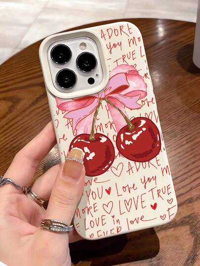 1 pieza Funda de teléfono con borde recto, de color blanco lechoso, con patrón estético de letra de cereza personalizada de moda, compatible con iPhone 16/16Pro/16Plus/15/15ProMax/15Pro/11/12/13/14ProMax/11Pro/11ProMax/12Pro/12ProMax/13Pro/13ProMax/14Pro/14ProMax, funda suave, elegante y creativa
