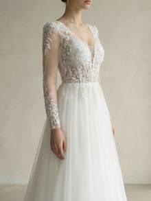 Solid Color Sequin Patchwork Mesh Splice V-Neck Long Sleeve Wedding Dress - White - View 4