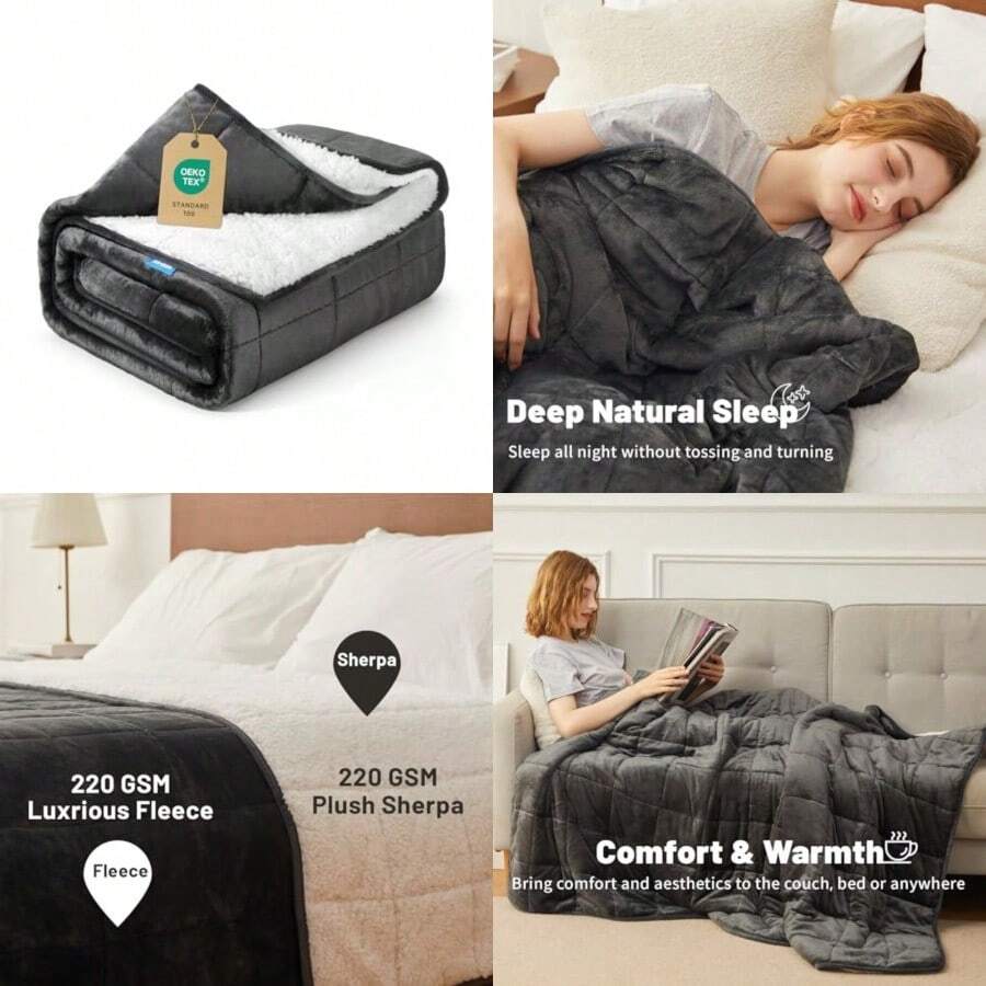 Manta con peso de 20 libras 60 x 80 pulgadas manta de forro polar Sherpa para invierno mullida suave acogedora y pesada para sofá manta gruesa y cálida para cama tamaño Queen - gris - Ver 1