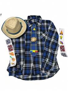 Children's June Festival T-Shirt With Checkered Pattern, Hat, Tie, And Sticker - Blue - View 6