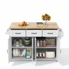 Kitchen Island With Fold-Down Worktop, Equipped With 5 Braked Wheels, 4 Doors, 3 Drawers, Double-Sided Towel Rails, Barn Style Design, White, 140x43(70)X90.5 Cm. - 白色 - 查看 11