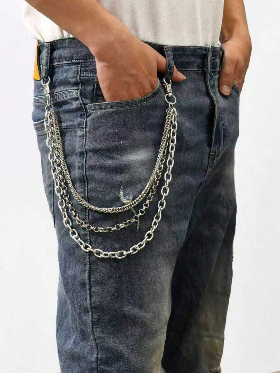 1 pieza Cadena metálica de estilo callejero de varias capas, diseño de cadena 3 en 1 plateada, accesorio para pantalones y jeans, cadena de cintura de moda punk hip-hop - Plateado - Ver 1