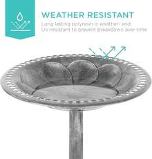 Antique Silver Polyresin Pedestal Bird Bath, 20"X28" Weather Resistant Fillable Stable Birdbath With Fleur-De-Lis Decor, 0.8 Gallon Outdoor Garden Lawn Patio Wild Bird Sanctuary - A - Xem 4