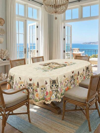1pc Cute Kitten Cat Butterfly Flower Print Round & Rectangle White Tablecloth, Lovely Spring Garden Style Premium Polyester Waterproof Stain Resistant Oil-Proof Dust-Proof Washable Reusable Spring Summer Tablecloth For Home Decor, Kitchen Wedding