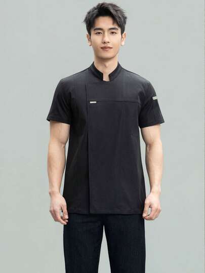 New Unisex Short Sleeve Solid Color Letter Print Hidden Button Mandarin Collar Chef Uniform