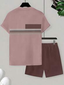 KOVSEE 男士 3D 條紋對比色印花休閒短袖短褲套裝，戶外運動沙灘休閒時尚套裝，春/夏/秋，運動休閒風 - 酒紅色 - 查看 2