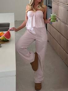 PoPoHouse 女士夏季粉色条纹纯棉两件套性感Y2K烟熏背心搭配宽松直筒阔腿裤，适合休闲通勤和度假穿着。 - 粉紅色條紋 - 查看 9