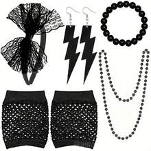 Bộ trang phục phong cách Rave và Hippie thập niên 1980: Vòng cổ neon, vòng tay, khuyên tai hình tia sét bằng nhựa, găng tay lưới và băng đô ren - Bộ trang phục dự tiệc và cosplay (Phong cách kết hợp thập niên 60/70) - Nhiều màu - Xem 11