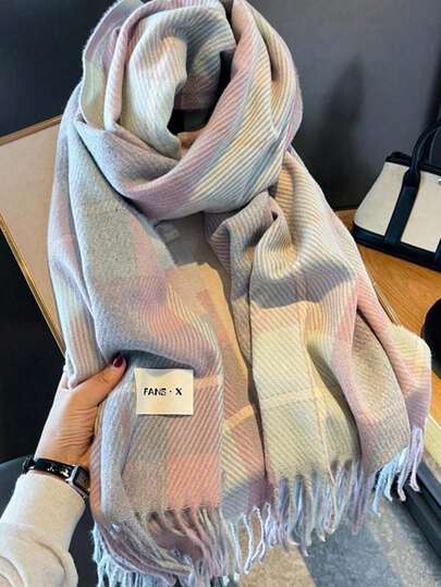 1pc Women Plaid Scarf 2024 Autumn Winter New Korean Version Warm Neck Shawl, Reversible Faux Cashmere Shawl Accessories Women WEXW