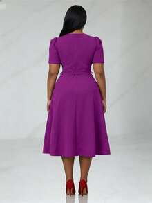 Vestido de mujer de cuello en V elegante con volantes en el bajo, vestido midi asimétrico/irregular de unicolor para ocasiones elegantes, bodas, oficina, uso diario, primavera/verano - Morado Violeta - Ver 2