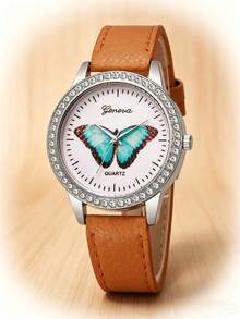 Đồng hồ thạch anh hình bướm dễ thương, viền đính đá, dây da màu nâu, đồng hồ đeo tay thời trang dành cho thanh thiếu niên, quà tặng (1 chiếc/bộ). - trắng - Xem 4