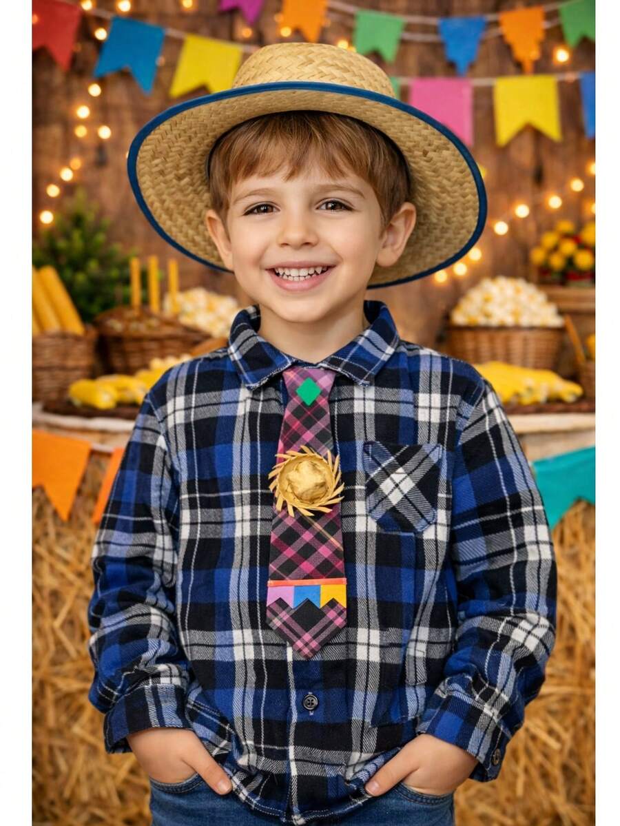 Children's June Festival T-Shirt With Checkered Pattern, Hat, Tie, And Sticker - 藍色領帶配紫色領帶 - 查看 1