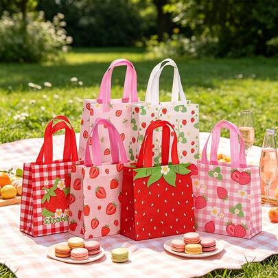 4pcs/15pcs/25pcs Cute Strawberry Pattern Non-Woven Fabric Gift Bags, Pink Series With Handles, Small Size Gift Bags For Birthday Party, Holiday, Baby Shower, Summer Party, Graduation, Back To School, Shopping Bags