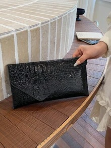 时尚纯色高品质手拿包，新款秋季鳄鱼纹休闲优雅百搭女士手提包 - 黑色 - 查看 2